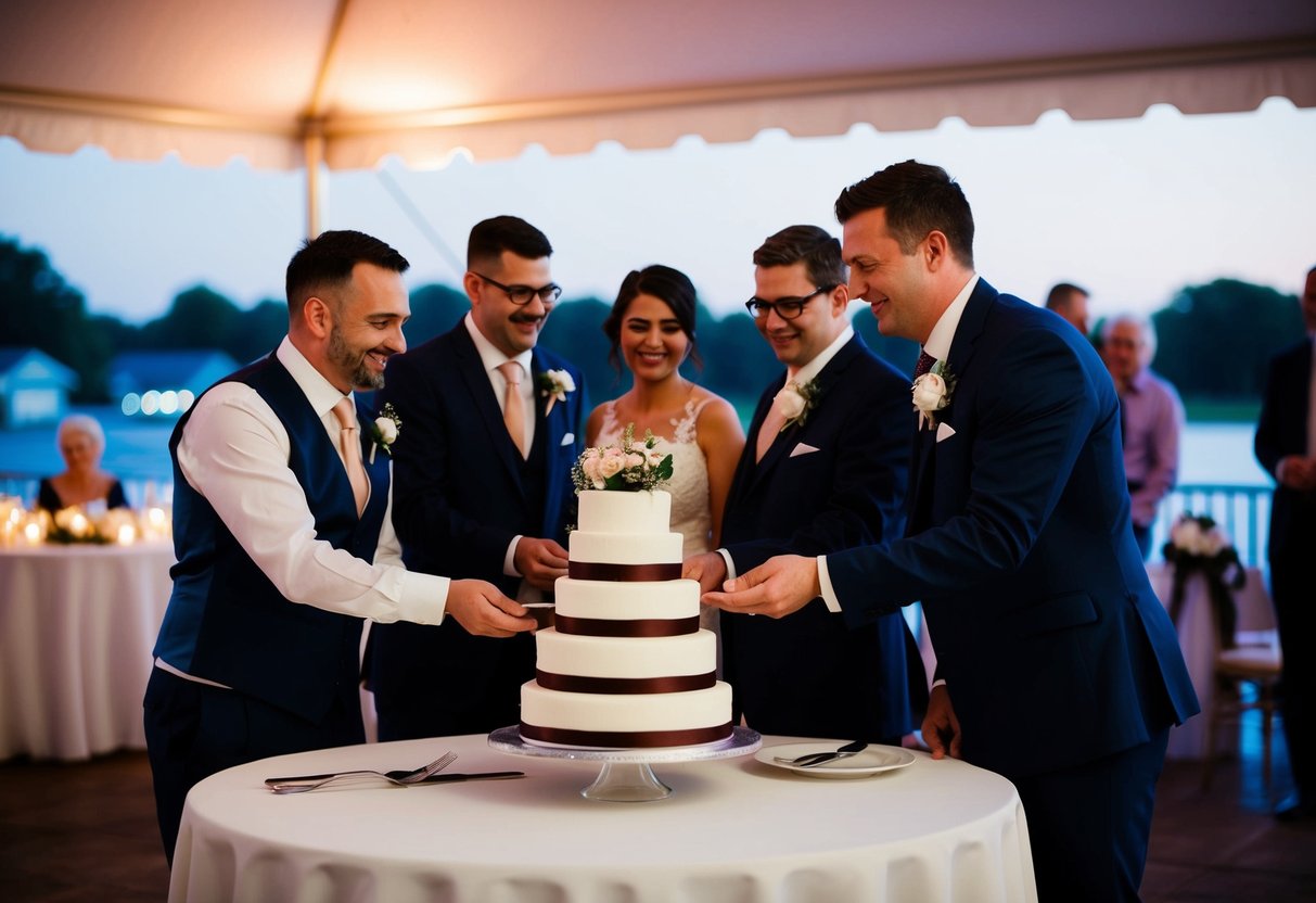 Evening guests receive a wedding cake at a reception table