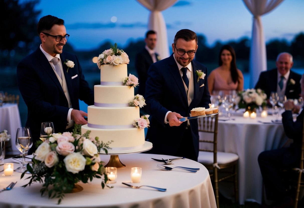 A tiered wedding cake is being sliced and served to evening guests at a reception. Tables are adorned with floral centerpieces and elegant place settings