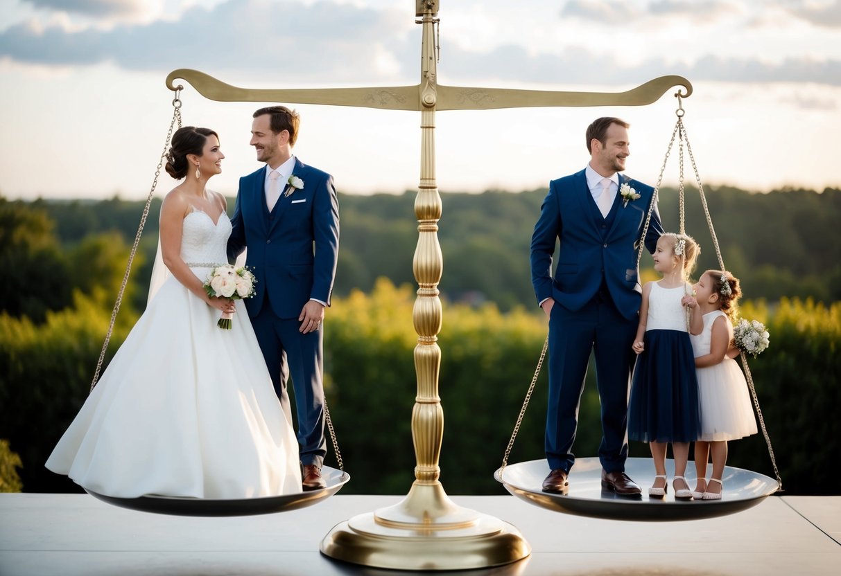 A bride and groom stand on opposite sides of a scale, with the groom's side weighted down with more wedding guests
