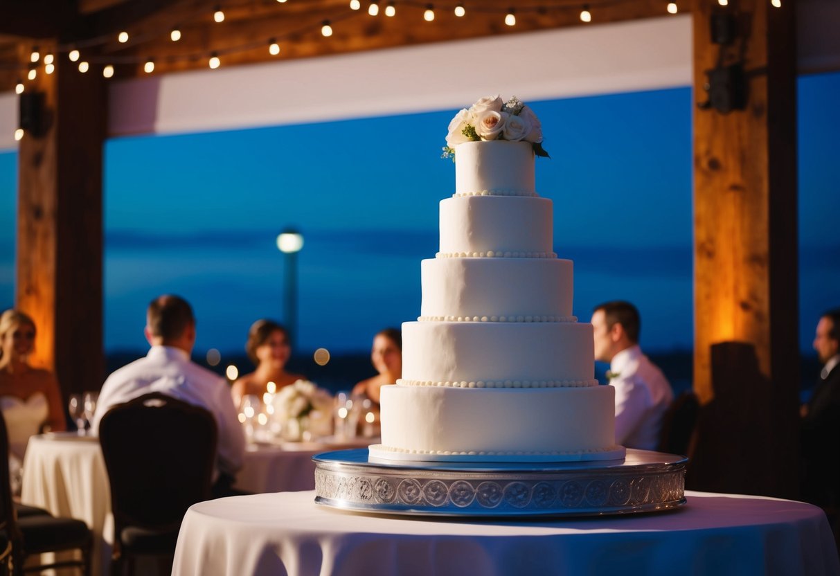 A tiered wedding cake on a decorated table with evening guests nearby