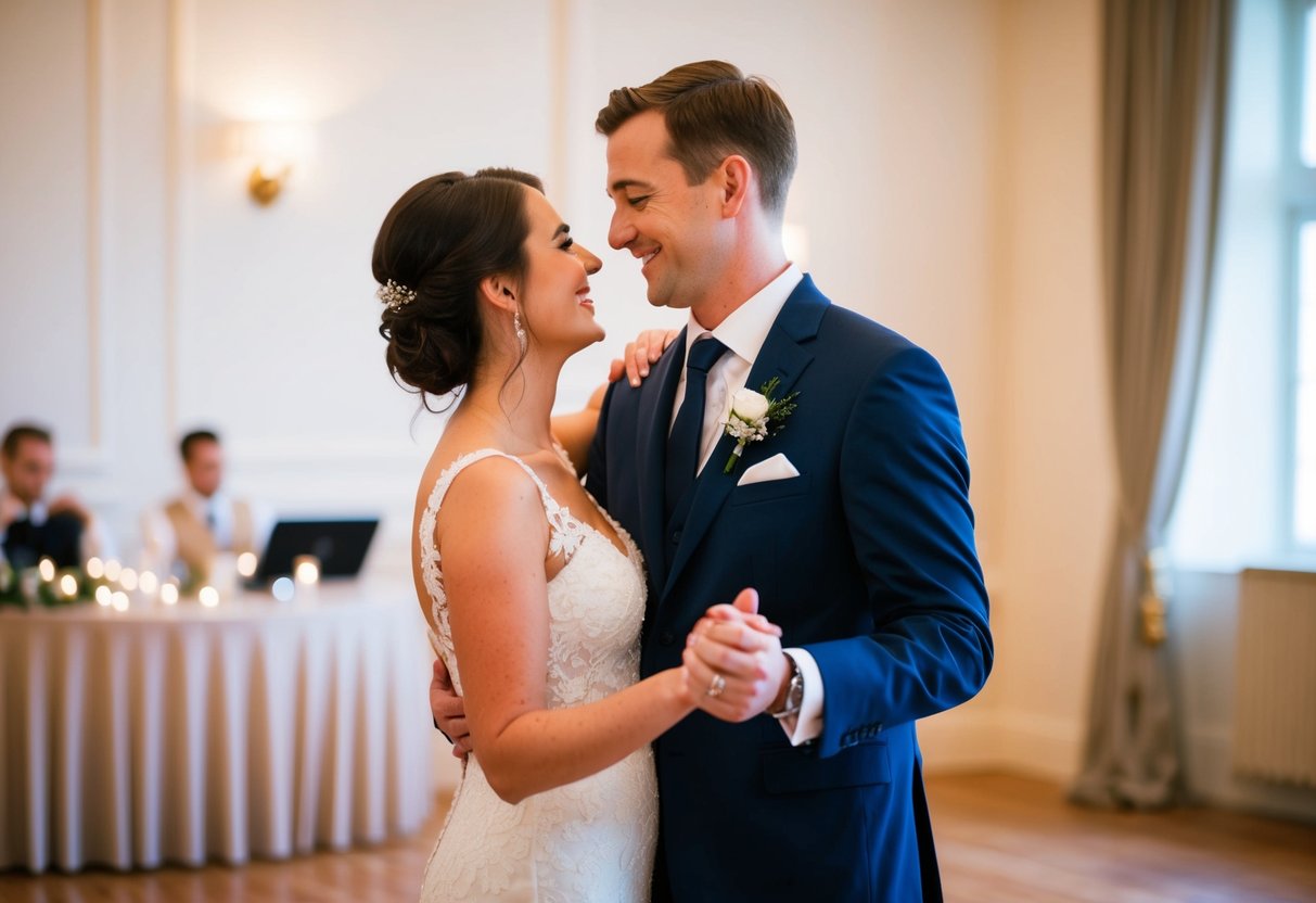 A couple stands in a softly lit room, swaying to music. Their eyes meet and they share a genuine, relaxed smile, making their first dance together feel natural and enjoyable