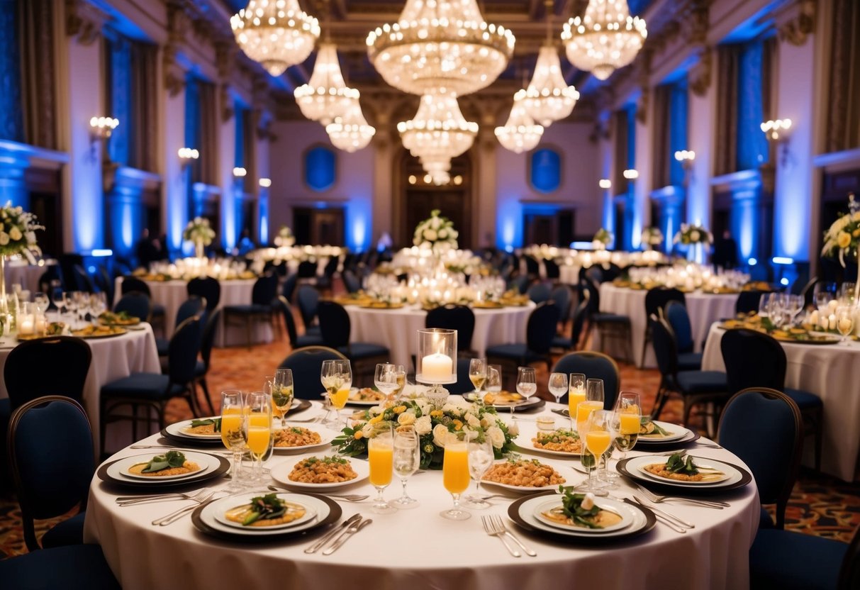 A grand banquet hall with ornate decorations and a lavish spread of food and drinks. Tables are adorned with elegant centerpieces and twinkling lights fill the space