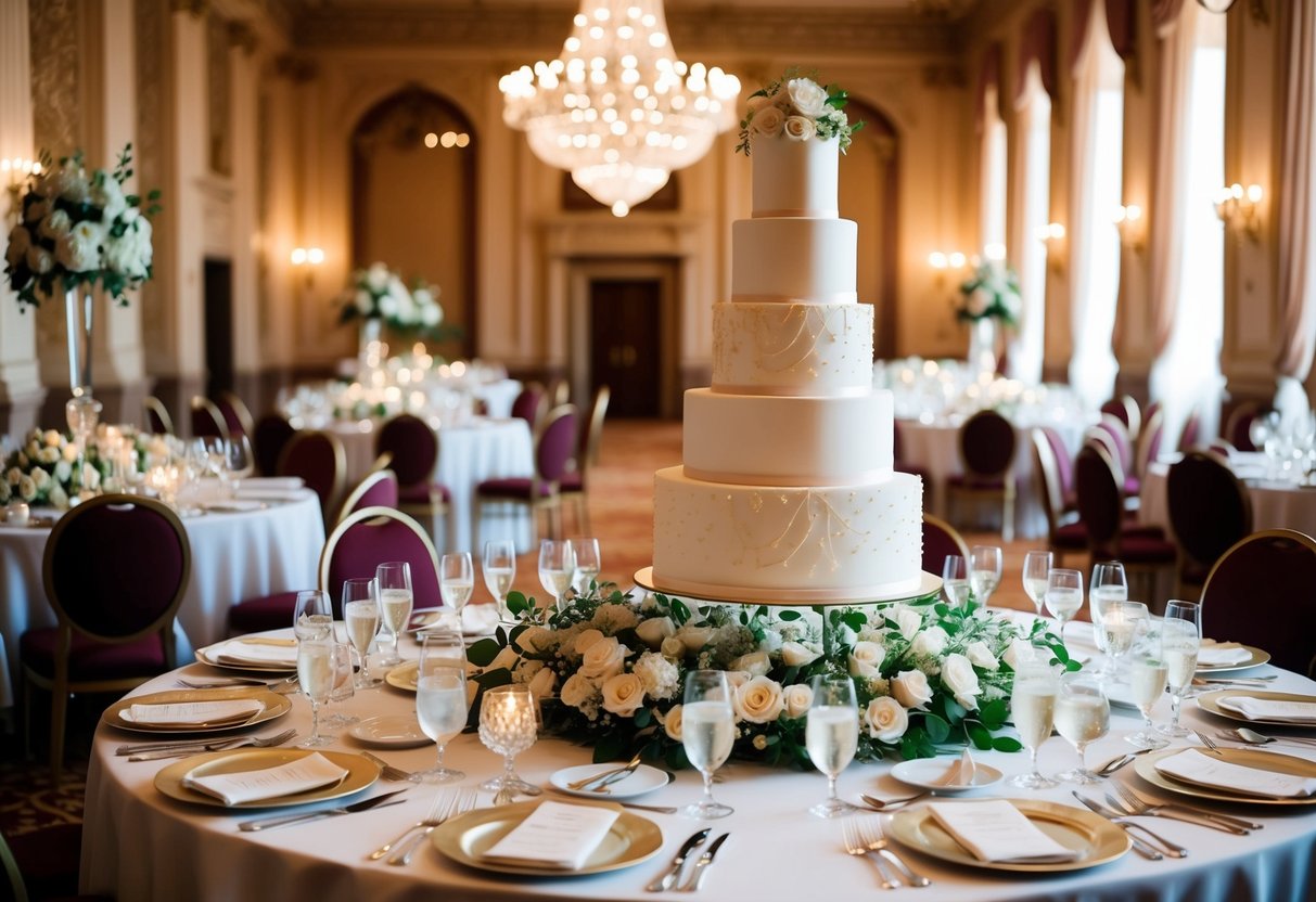 A grand banquet hall filled with elegant decor and a lavish spread, with a towering wedding cake as the centerpiece