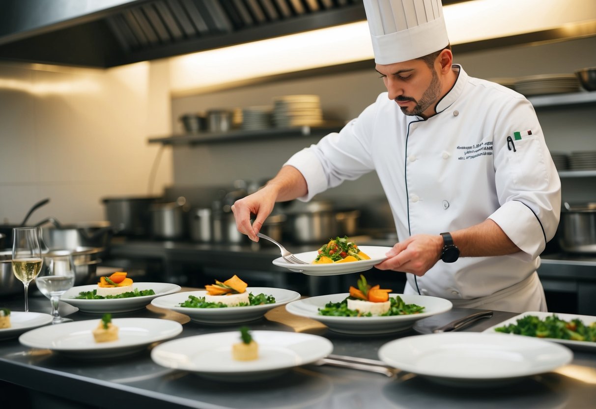 A chef preparing and plating a three-course meal in a professional kitchen