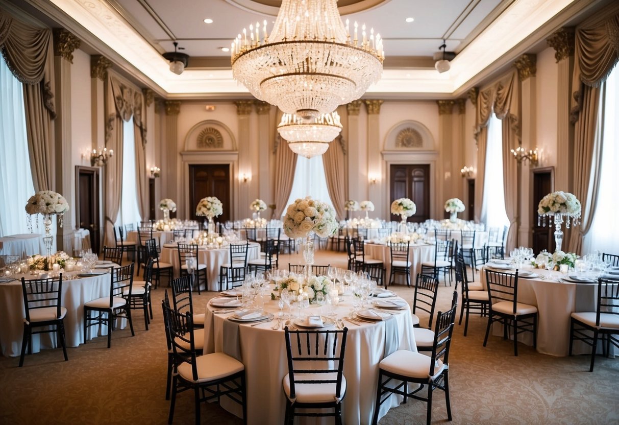 A grand ballroom filled with elegant decorations and a lavish banquet table, with a large chandelier hanging from the ceiling