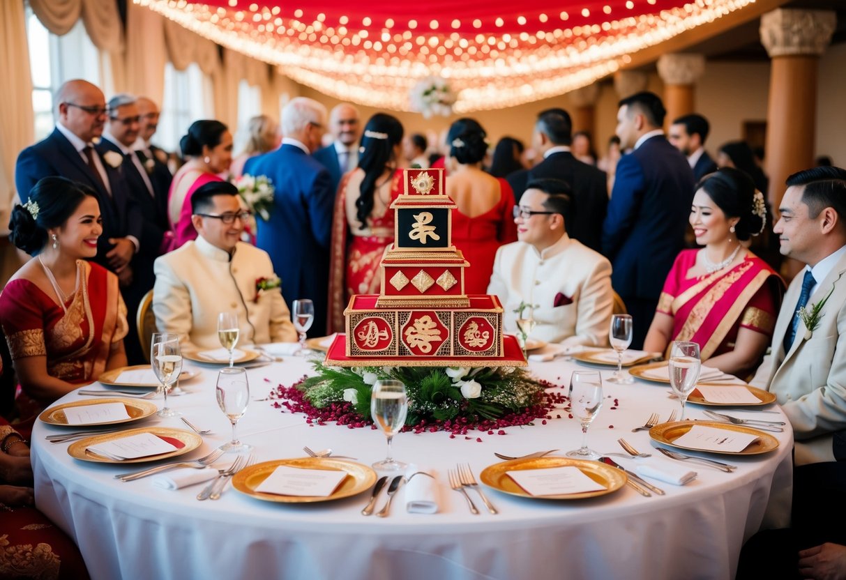 A table set with traditional wedding symbols, surrounded by guests