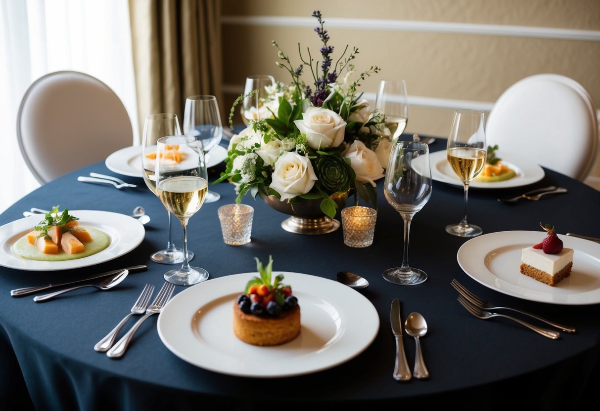 A table set with a three-course meal: appetizer, main course, and dessert, with elegant place settings and decorative centerpieces