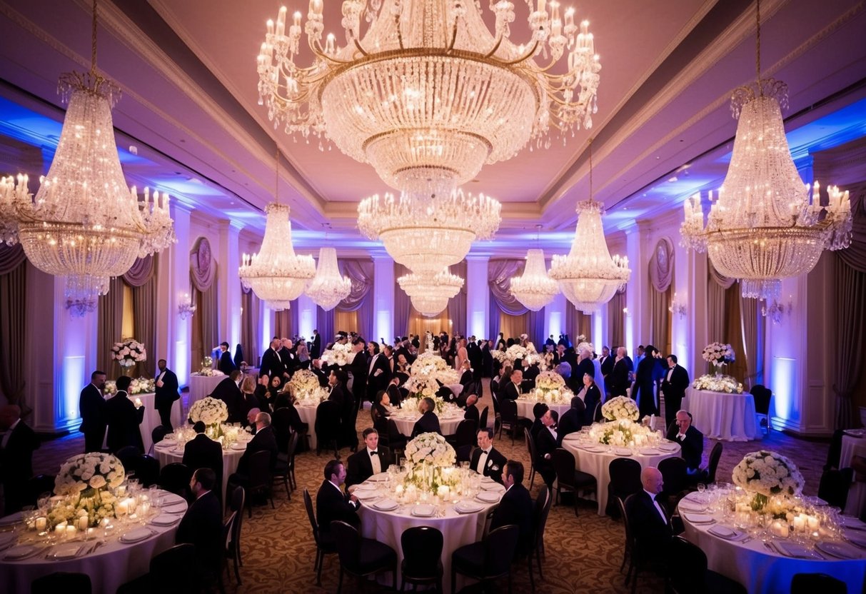 A grand, opulent ballroom with sparkling chandeliers and elegant floral centerpieces. The room is filled with laughter and music as guests mingle and enjoy the lavish reception