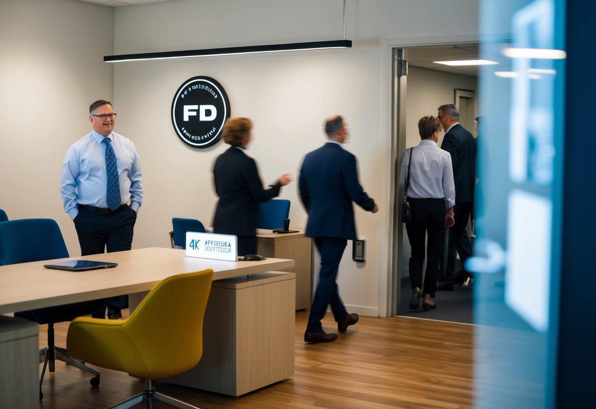 A room with a desk and chairs, a sign or logo, and people entering or waiting
