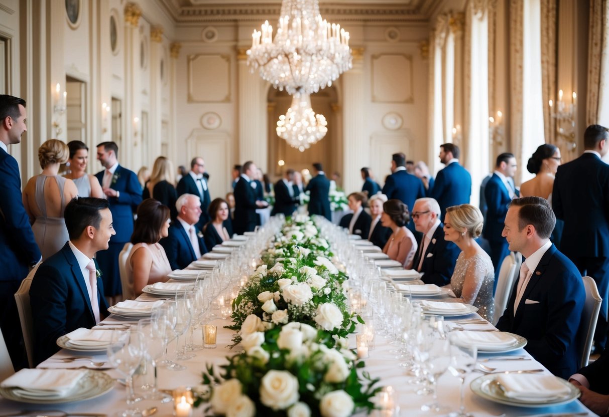 A grand hall with elegant decor, a long table set with fine china and crystal, guests mingling and conversing in formal attire