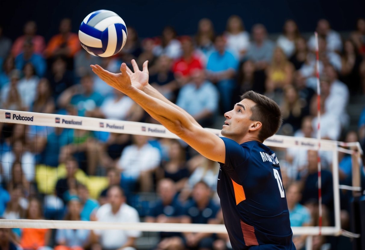 A volleyball player receiving a serve with outstretched arms