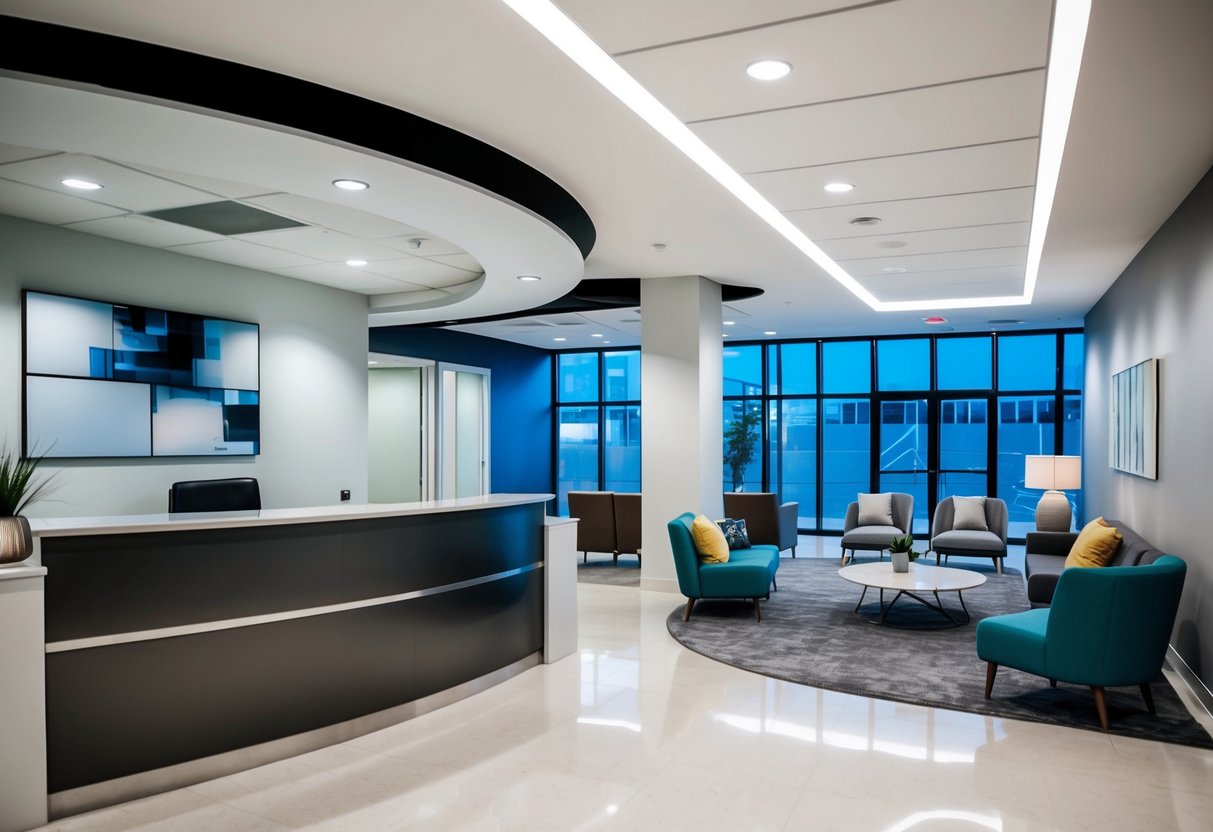 A modern office lobby with a sleek reception desk, comfortable seating, and contemporary decor. A receptionist is absent