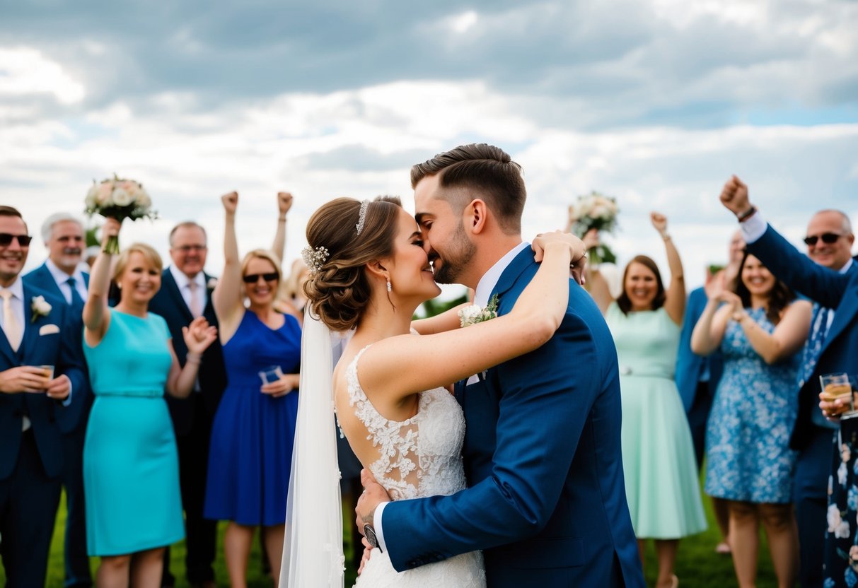The bride and groom embrace, surrounded by cheering guests