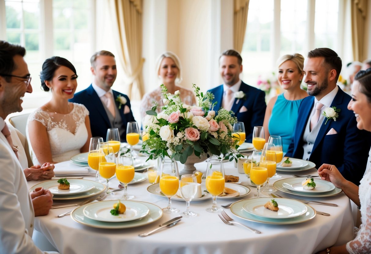 A beautifully set table with elegant place settings and floral centerpieces, surrounded by happy wedding guests enjoying a leisurely breakfast