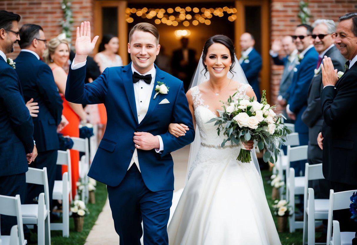 The bride and groom walk down the aisle, smiling and waving to their guests as they exit the ceremony