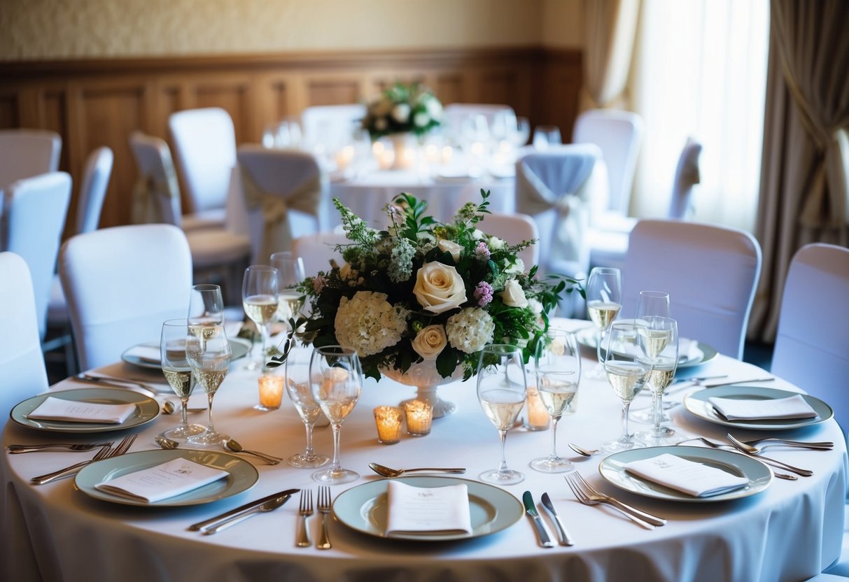 A table set with elegant place settings and floral centerpieces, surrounded by chairs, ready for a wedding breakfast