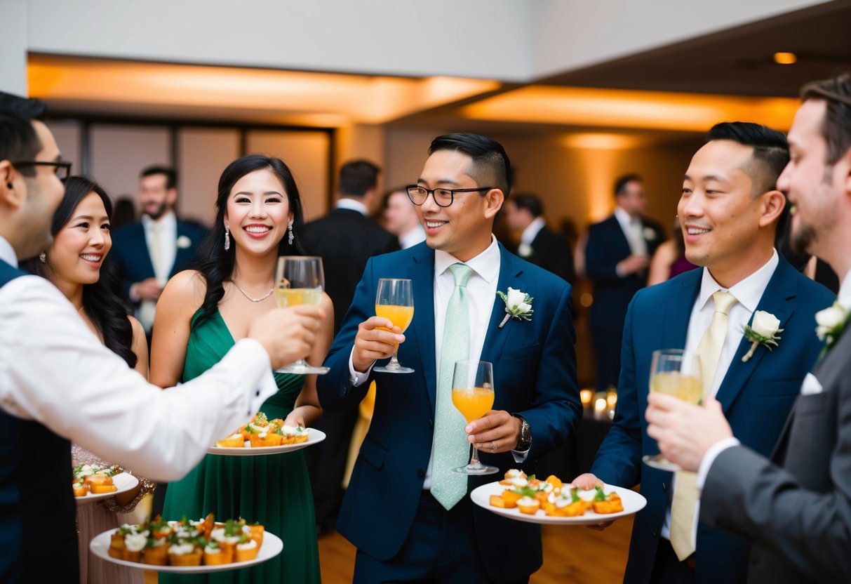 Guests mingle, clink glasses, and enjoy appetizers at a reception. A band plays in the background while servers circulate with trays of drinks