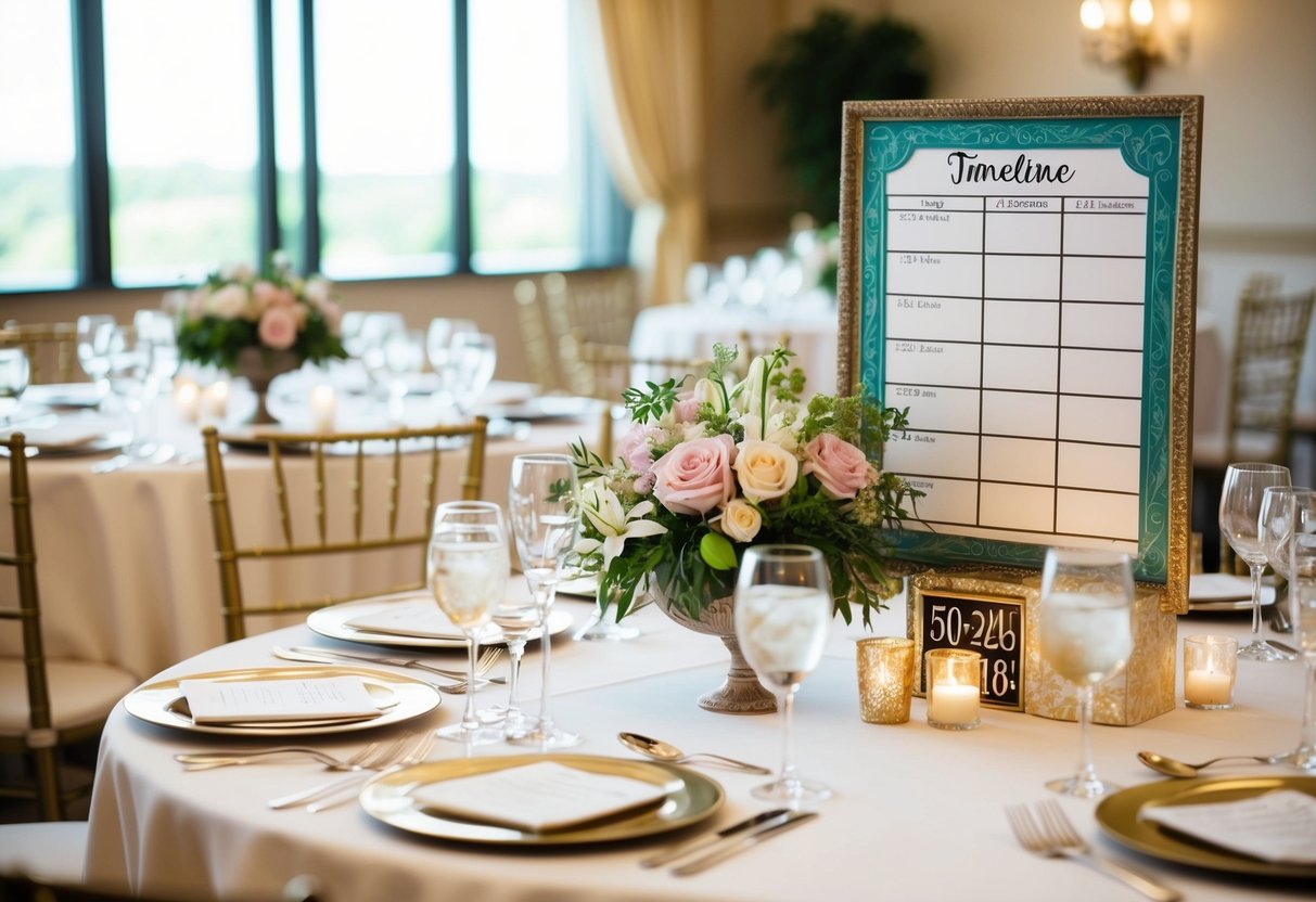 A beautifully set table with elegant place settings, floral centerpieces, and a timeline displayed on a decorative sign