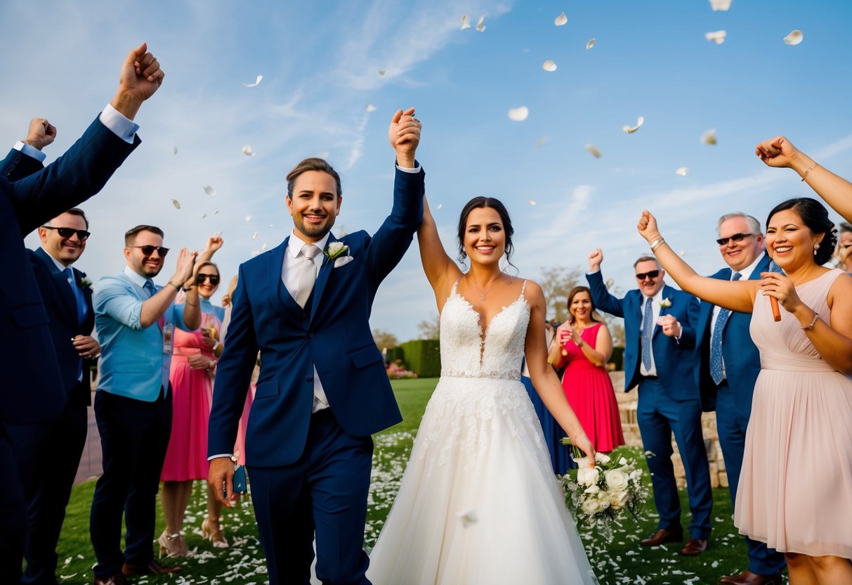 The bride and groom raise their hands in celebration, surrounded by cheering guests and scattered flower petals