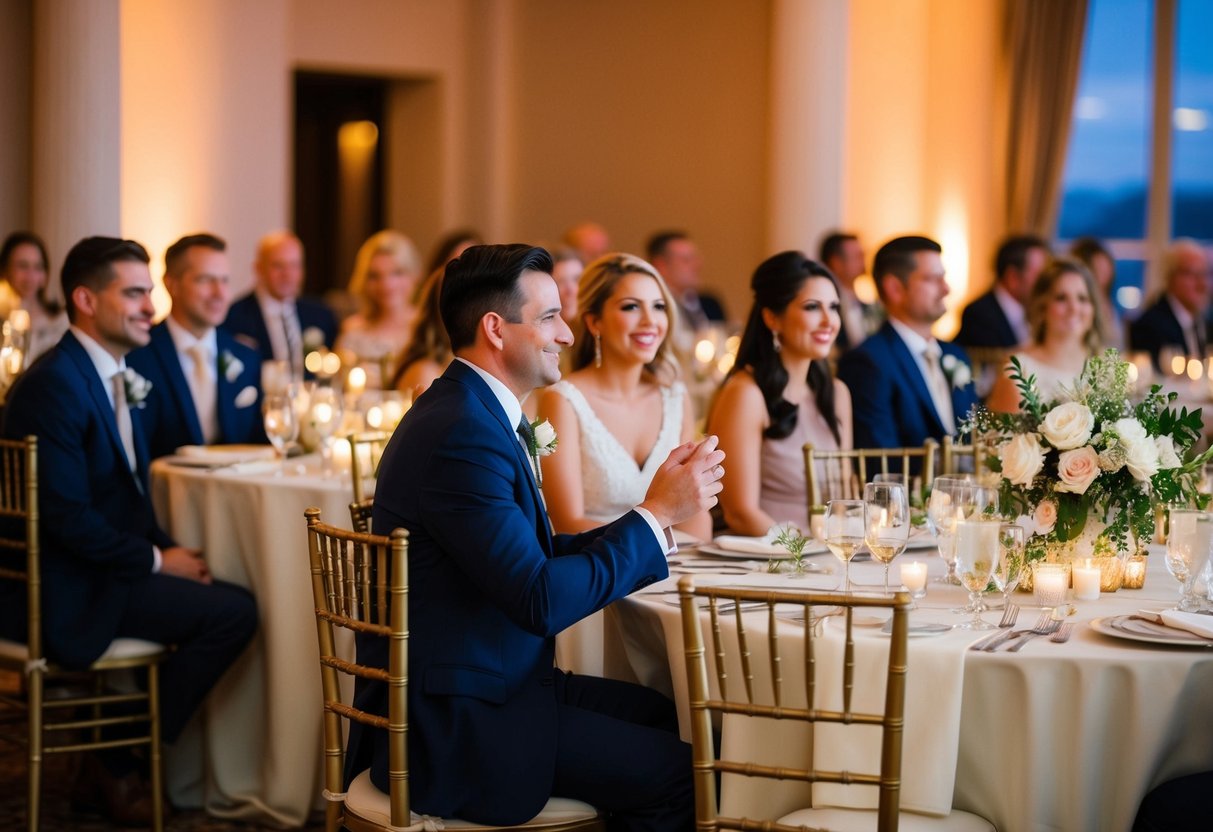 Guests seated at elegantly decorated tables, soft lighting, and a warm ambiance as the evening reception begins