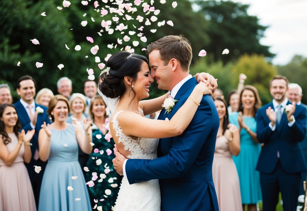 The bride and groom embrace, surrounded by cheering guests, as rose petals rain down upon them