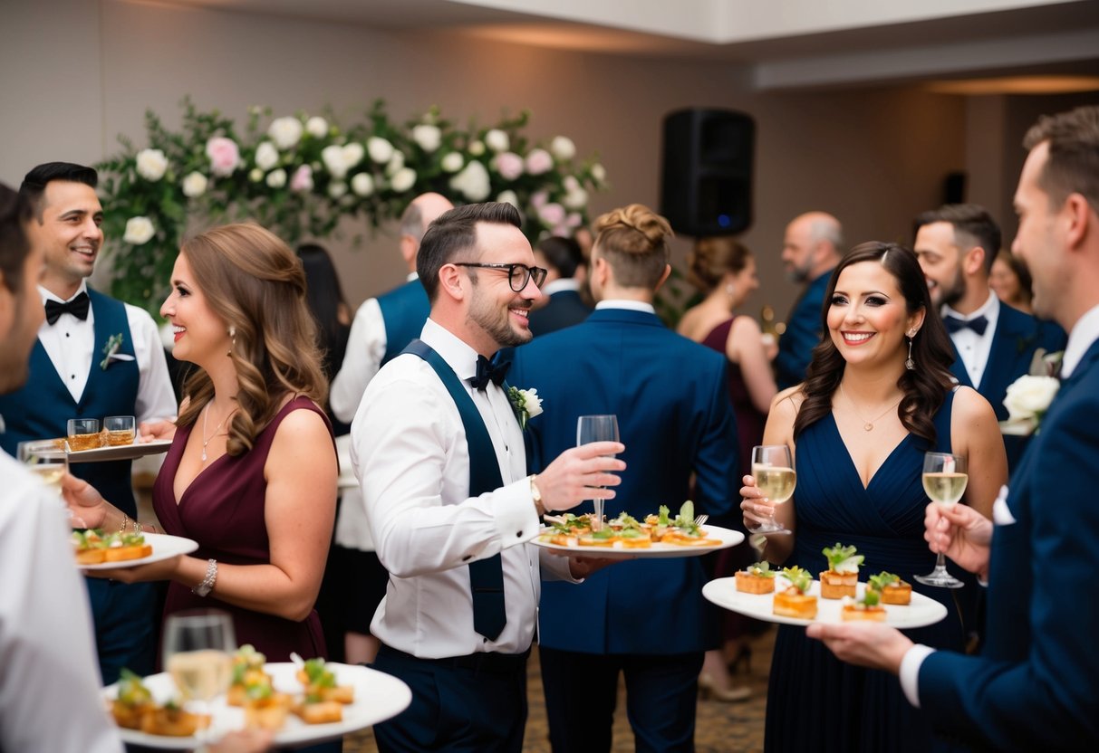 Guests mingle, clinking glasses and chatting. Waiters circulate with trays of appetizers. A band plays in the background. Flowers and candles decorate the space