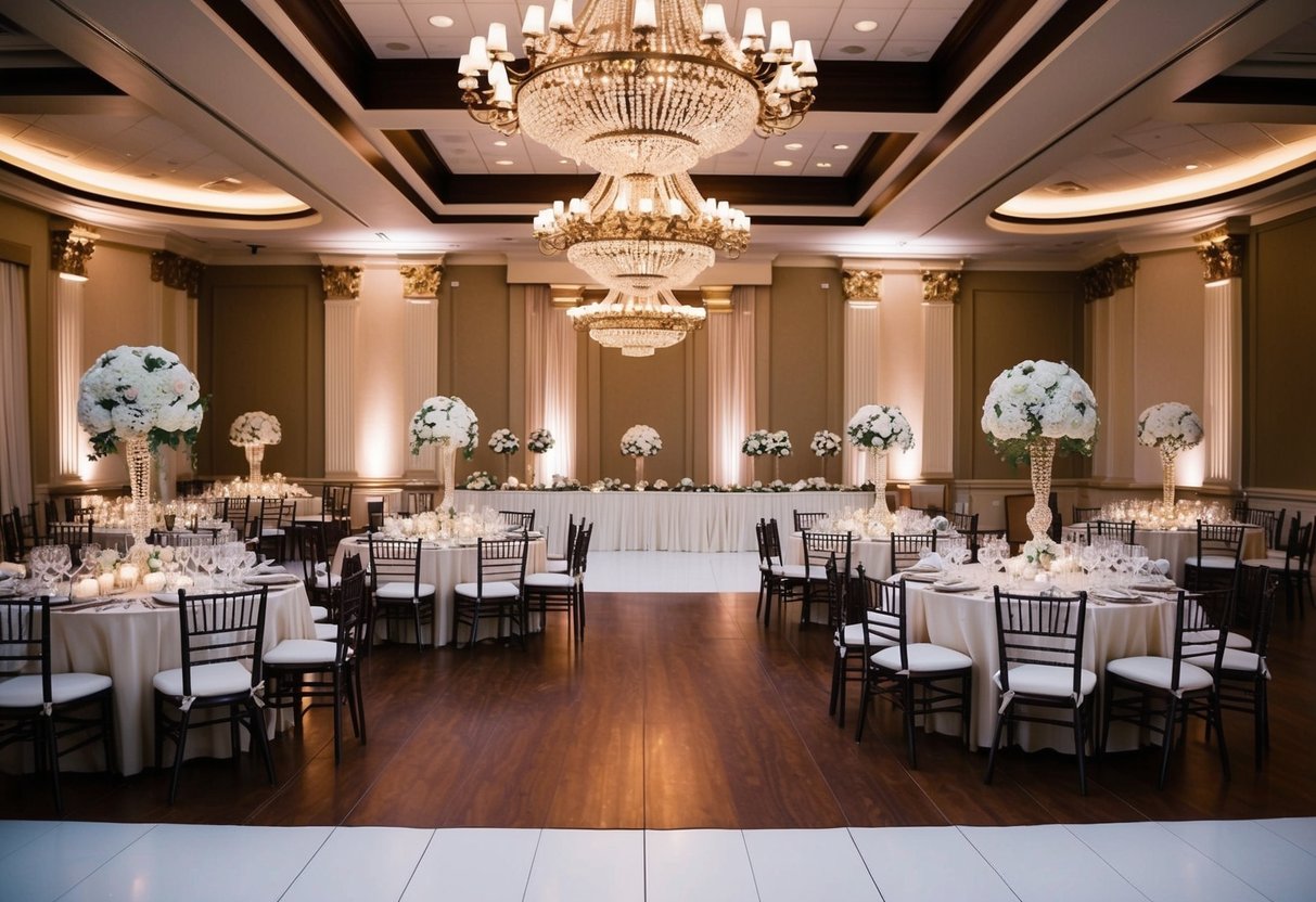 A grand banquet hall adorned with elegant decorations and a dance floor, filled with tables set for a wedding reception