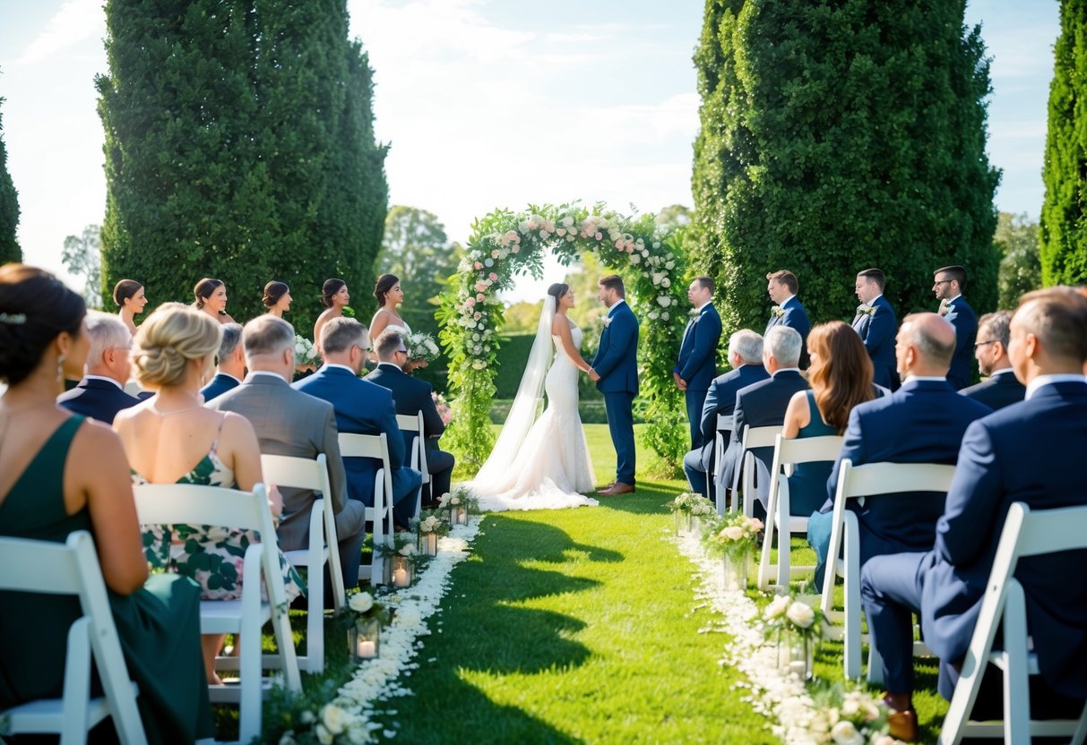 A sunlit outdoor wedding ceremony with lush greenery, a floral arch, and guests seated on white chairs