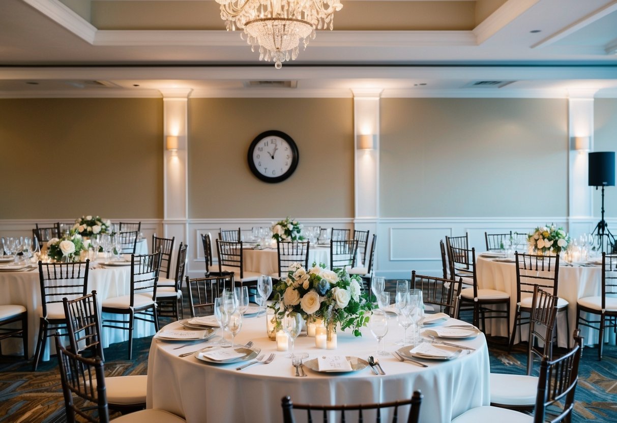 A beautifully decorated wedding reception venue with tables, chairs, and floral centerpieces. A clock on the wall shows the time, indicating three hours have passed