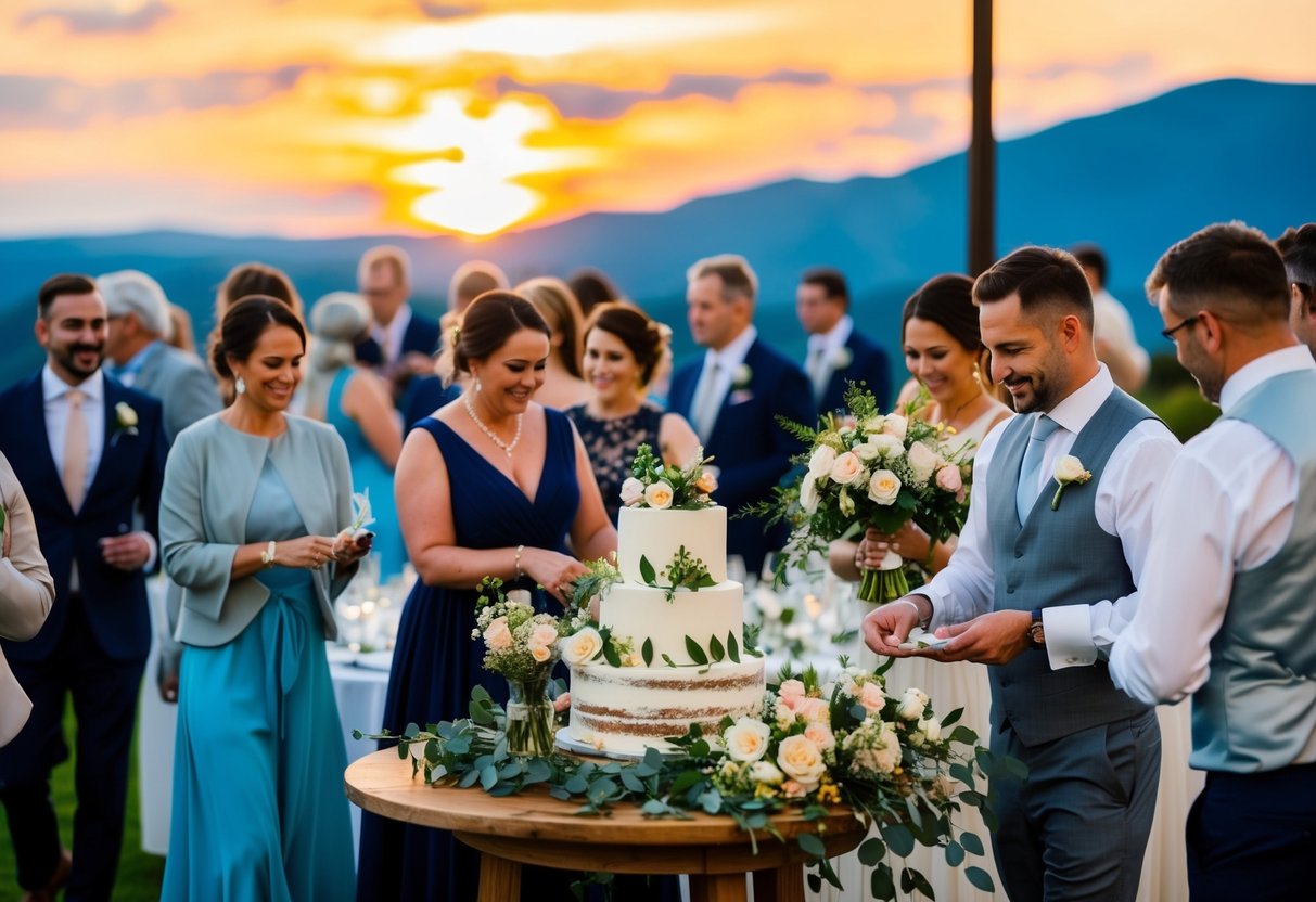 A bustling wedding venue with guests arriving, flowers being arranged, and a cake being decorated, all against a backdrop of a beautiful sunset