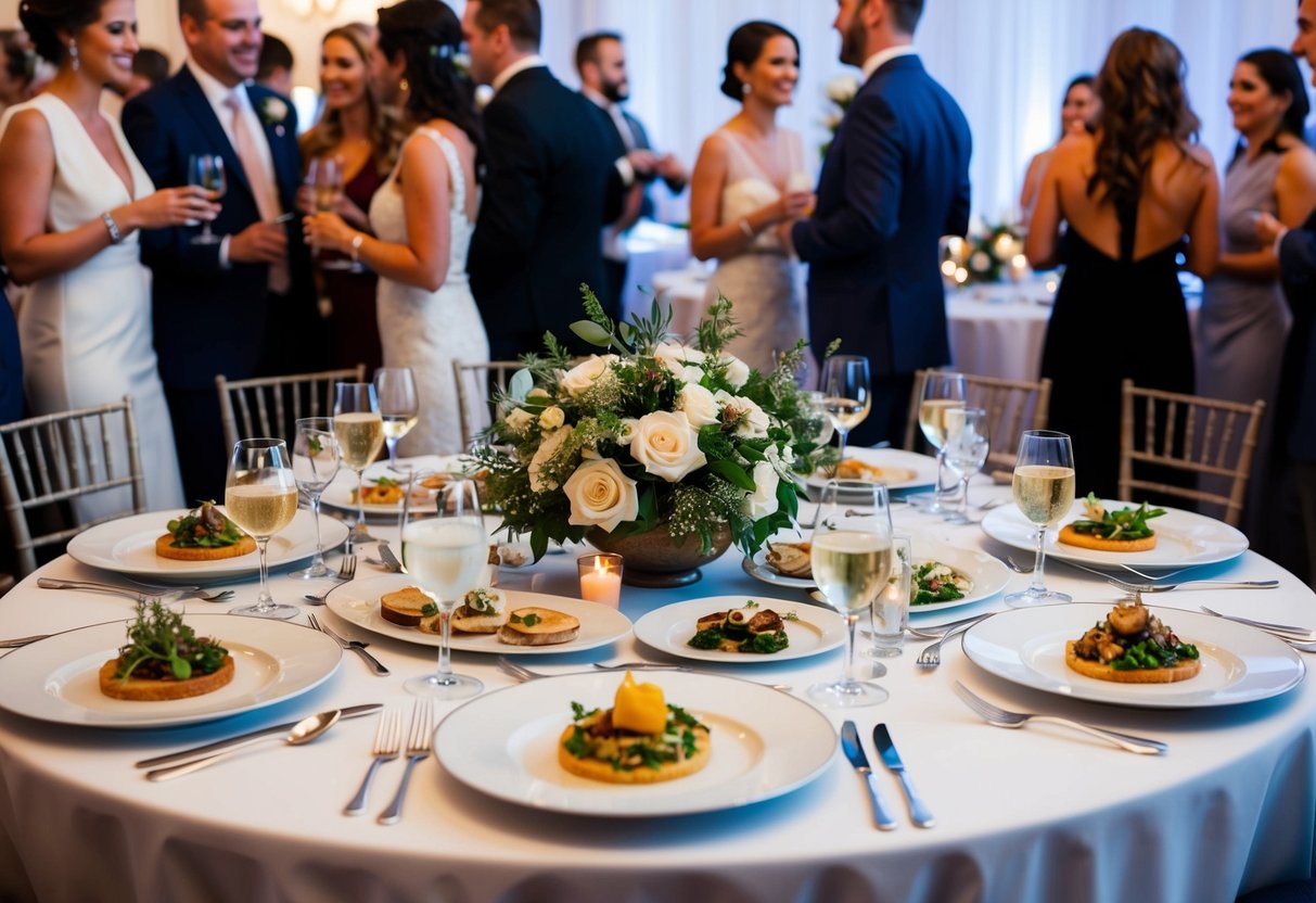 A table set with elegant place settings and a variety of gourmet dishes, surrounded by guests mingling and enjoying the wedding reception
