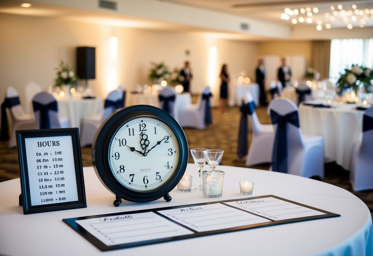 A clock showing three hours, a table with a schedule, and a wedding reception venue with decorations and seating