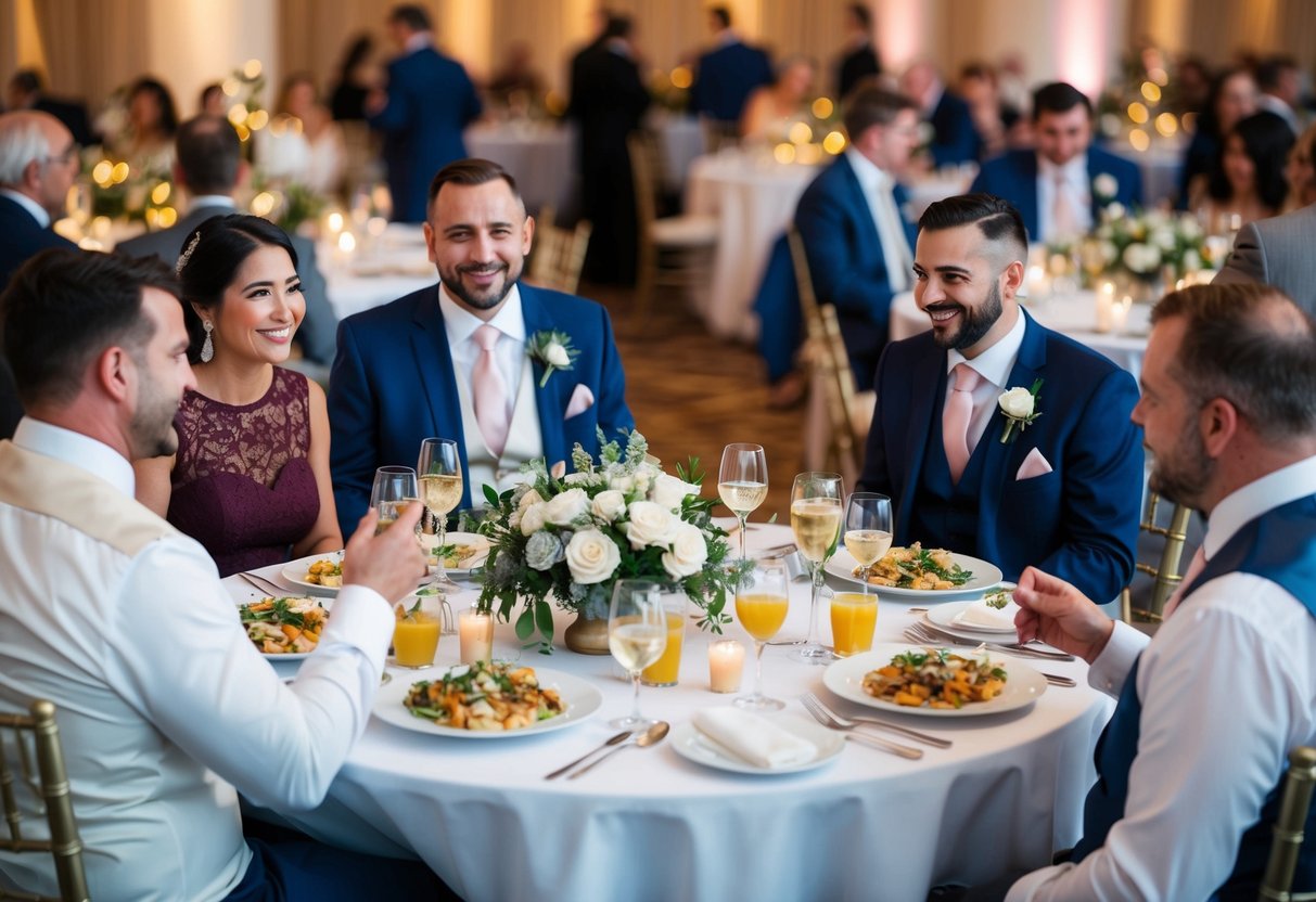 Guests seated at round tables, enjoying a variety of delicious food and drinks served on elegant dinnerware at a wedding reception
