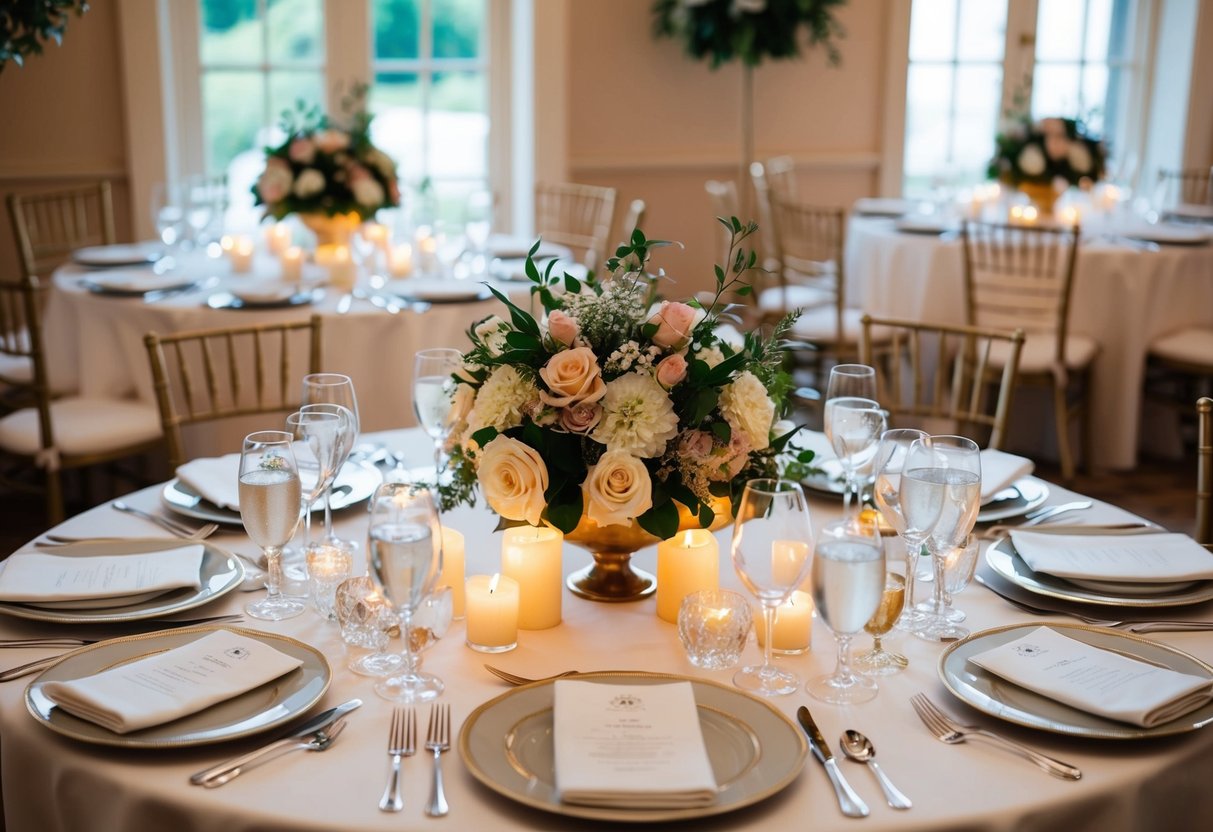 A beautifully set table with elegant place settings, adorned with floral centerpieces and candlelight, ready to serve a sumptuous wedding meal