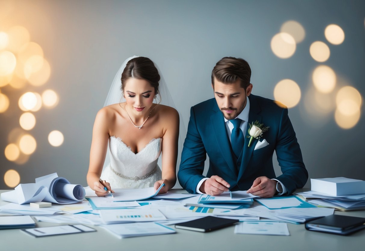 A bride and groom surrounded by scattered wedding planning materials, looking overwhelmed by the task ahead