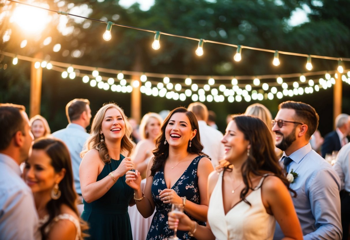Guests dancing, laughing, and enjoying live music under twinkling lights in a beautiful outdoor venue
