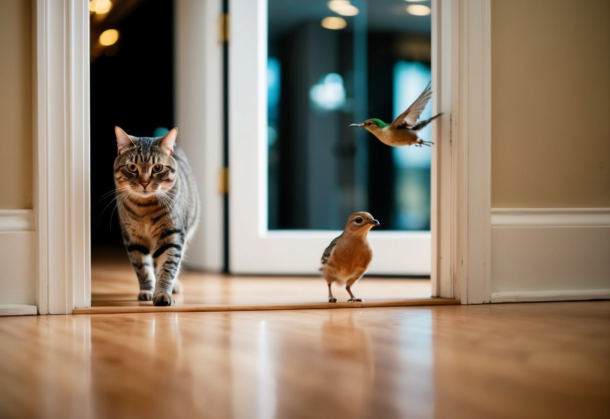 A cat enters the reception first, followed by a small bird hopping in through the open door