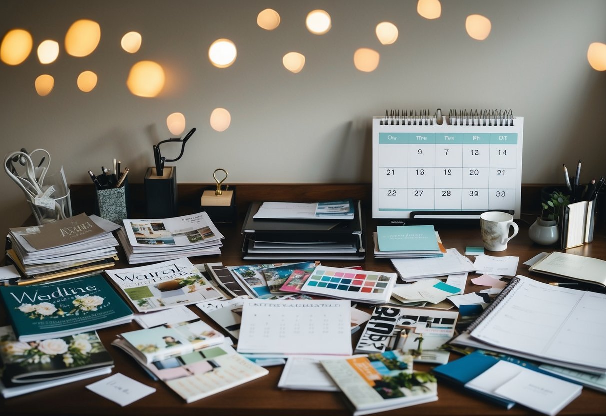 A cluttered desk covered in wedding magazines, swatches, and scattered notes, with a calendar marked two years ahead