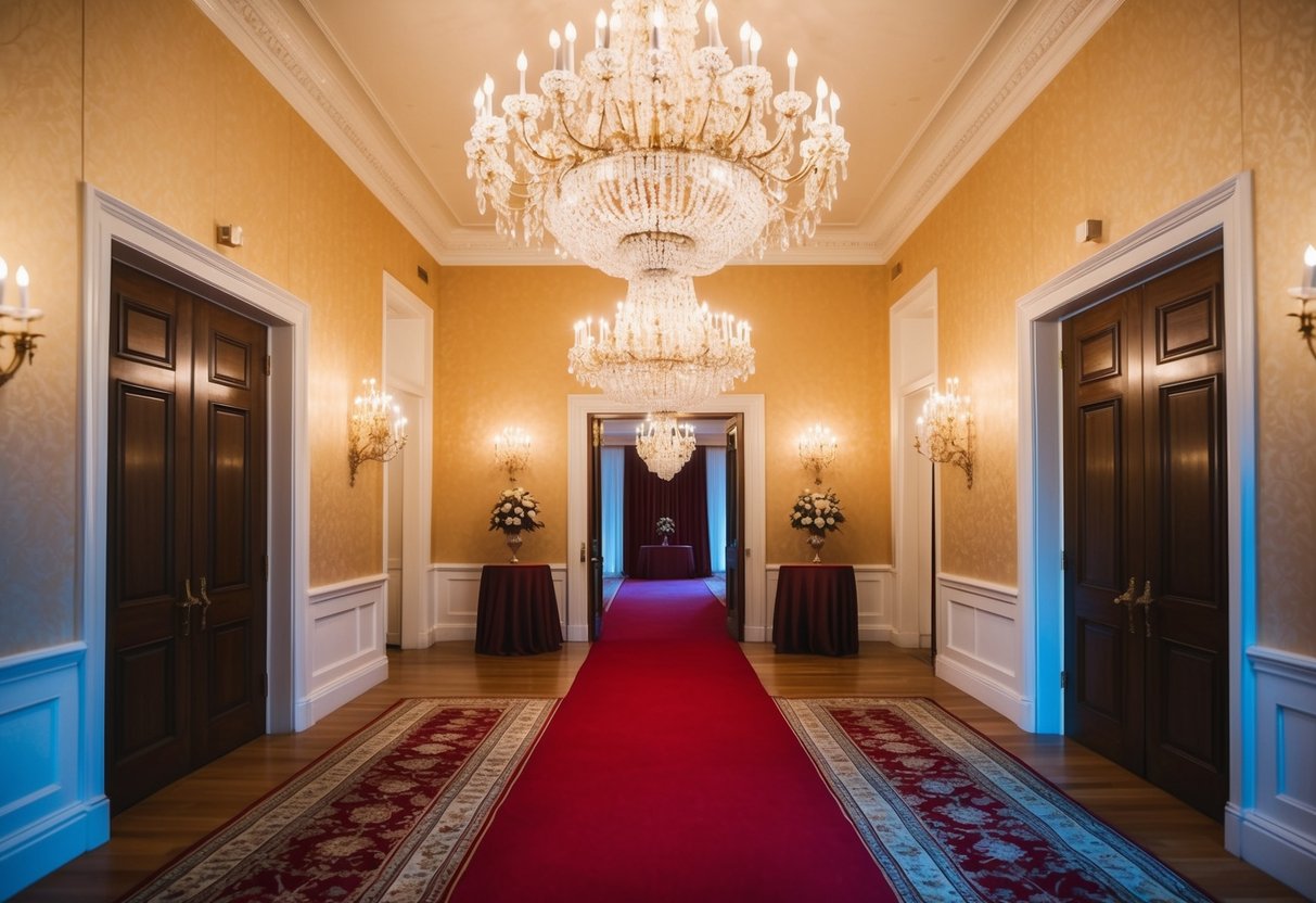A grand chandelier illuminates the opulent reception hall, casting a warm glow over the ornate decor. A red carpet leads to a set of double doors, ready for the first arrival