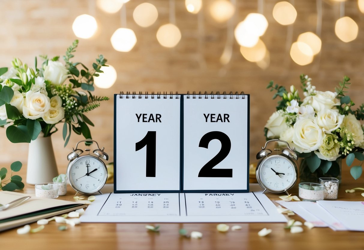 A calendar with two years marked, surrounded by wedding planning materials and decorations