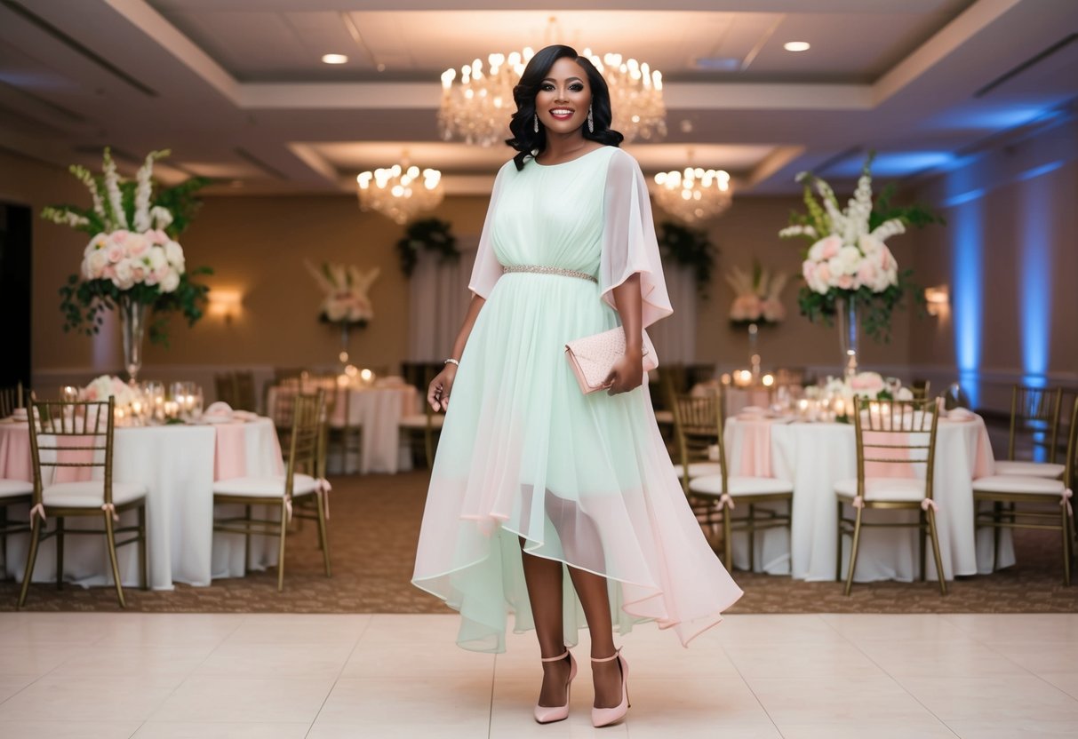 A woman in a flowy, pastel-colored dress and heels, carrying a small clutch, stands in a beautifully decorated reception hall filled with tables and flowers