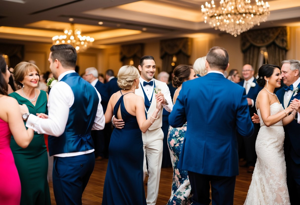 A festive wedding reception scene with guests in elegant attire, mingling and dancing in a beautifully decorated venue