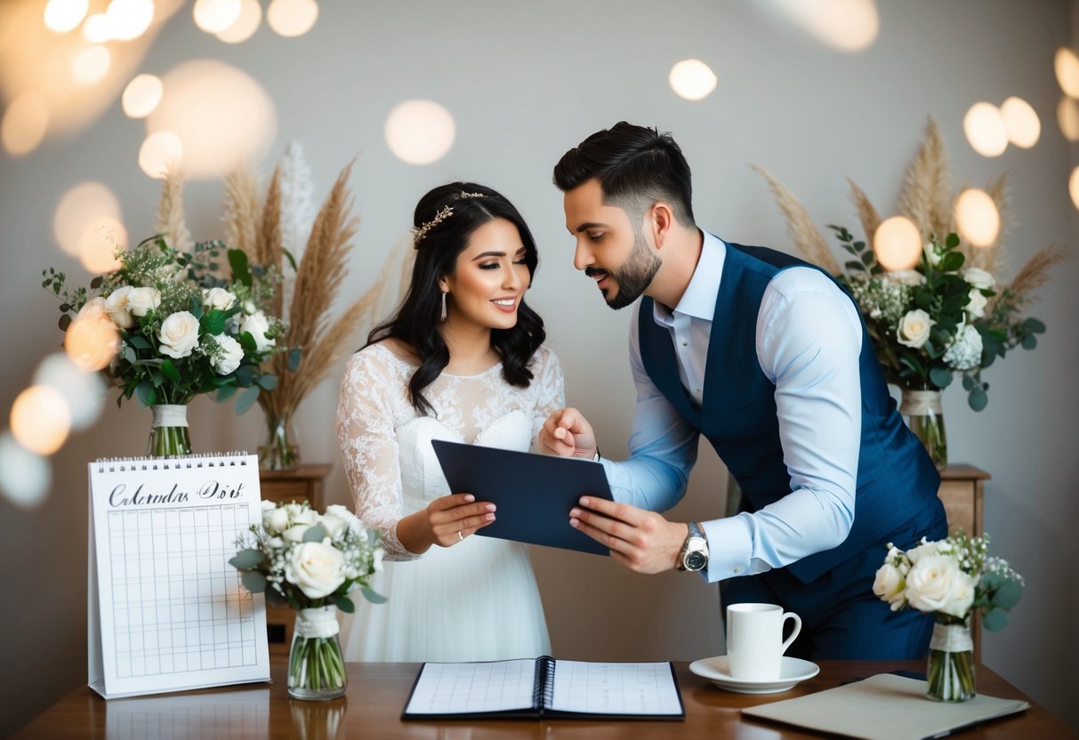A couple surrounded by wedding decor, debating over a calendar and a checklist