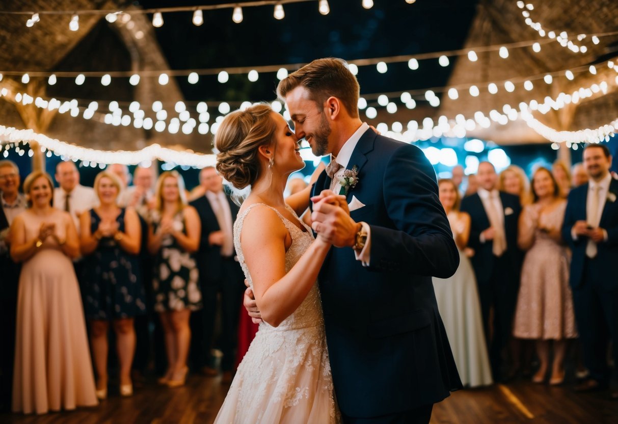 A couple dances under twinkling lights, surrounded by onlookers