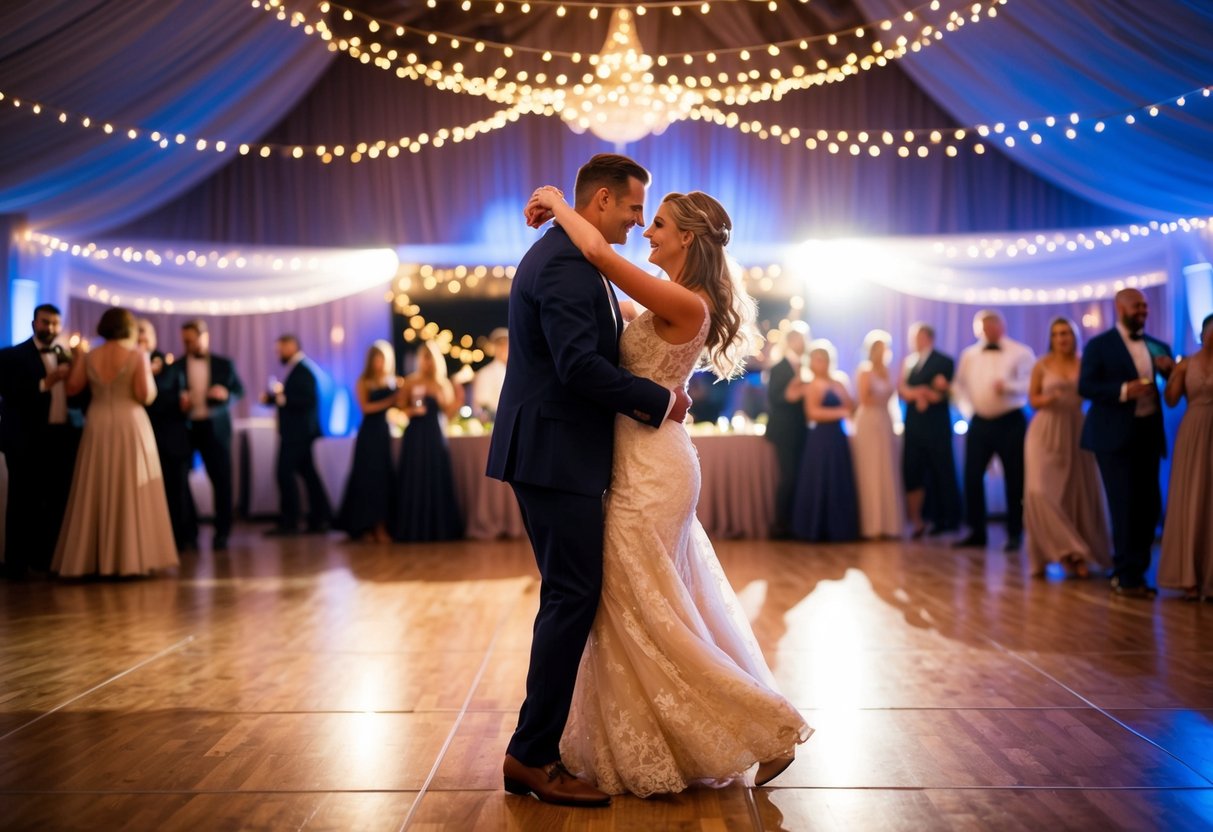 A couple dances on a dimly lit dance floor, surrounded by twinkling lights and romantic ambiance. The music fills the air as they move gracefully together