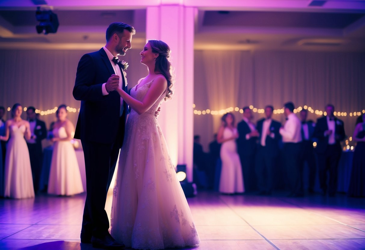 A couple stands on a dimly lit dance floor, gazing into each other's eyes as they sway to the music. The room is filled with soft, romantic lighting, creating a dreamy atmosphere