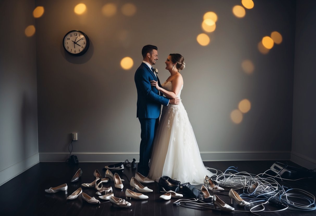 A couple stands in a dimly lit room, surrounded by scattered dance shoes and a tangled mess of music cords. A clock on the wall ticks down the final minutes of their frantic preparation for their first dance