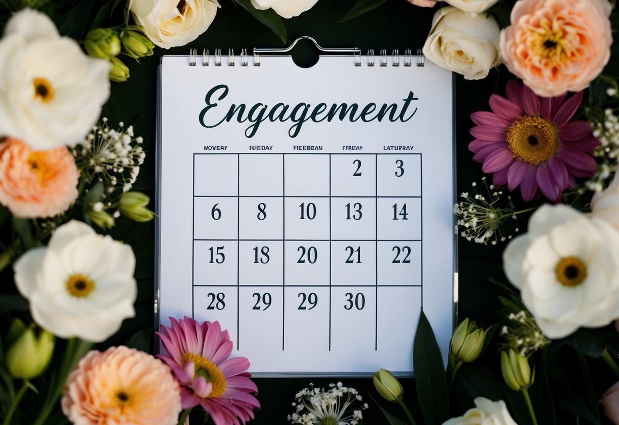 A calendar with the month of engagement marked, surrounded by flowers and wedding decor