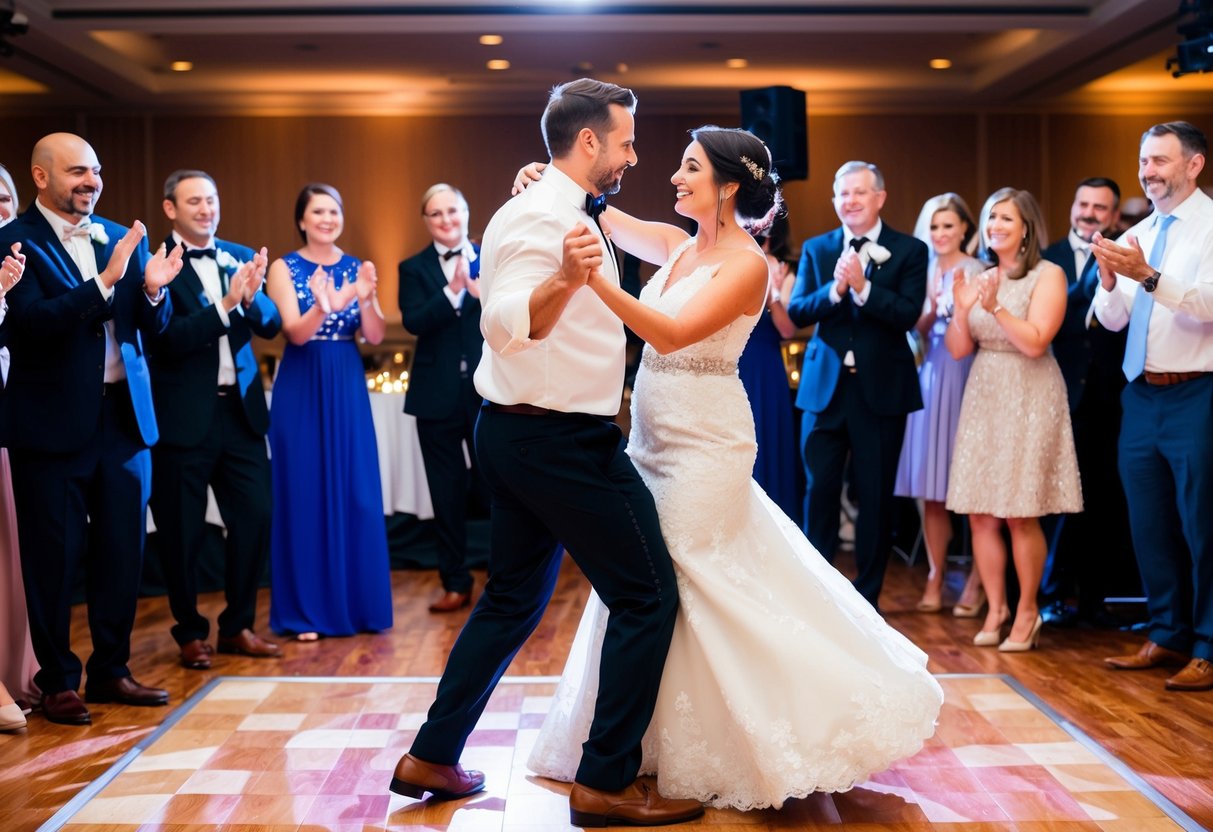 A couple dancing on a decorated dance floor, surrounded by guests clapping and cheering, with a band or DJ playing music in the background
