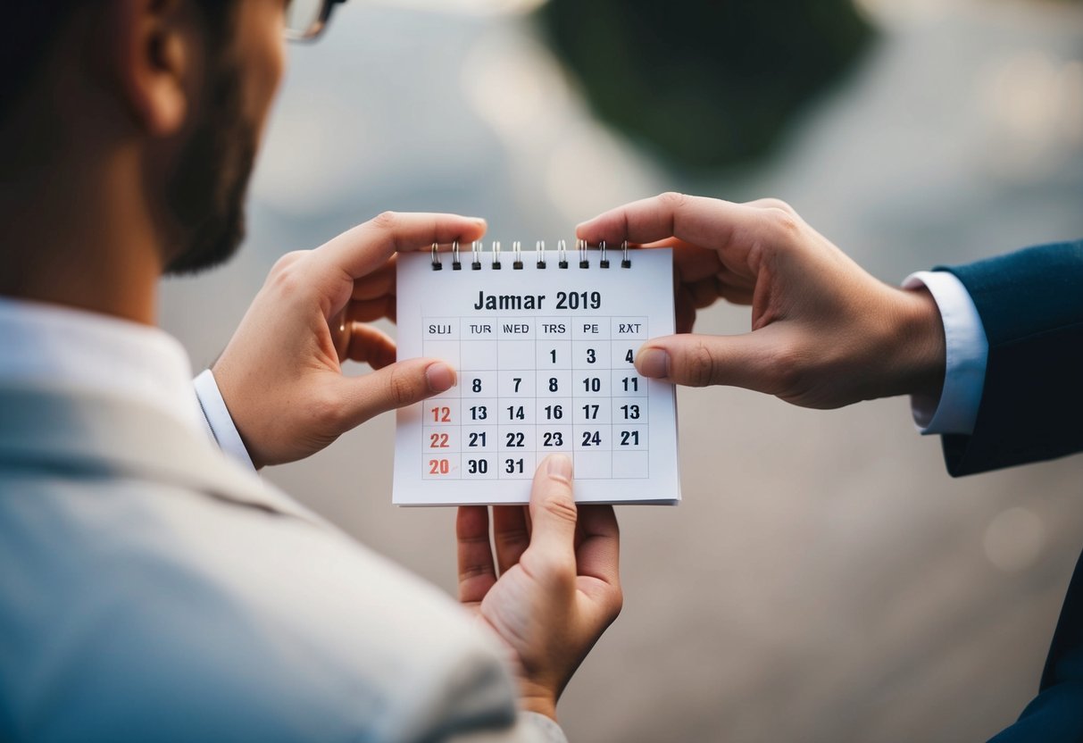 A couple's hands holding a calendar, with wedding date 8 months away